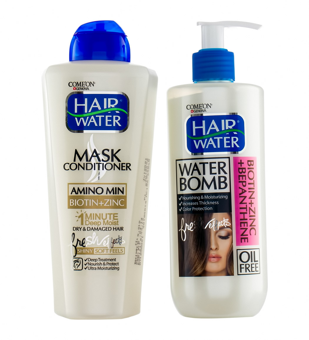 پک ماسک و نرم کننده مو هیرواتر بیوتین و زینک 400میل و واتربمب مو مدل بیوتین زینک و بپانتین 400میل