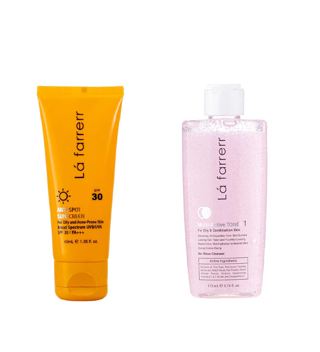 پک کرم ضد آفتاب بدون رنگ SPF3 مناسب پوست چرب و آکنهدار و تونر مولتی اکتیو #1 پوست چرب و مختلط