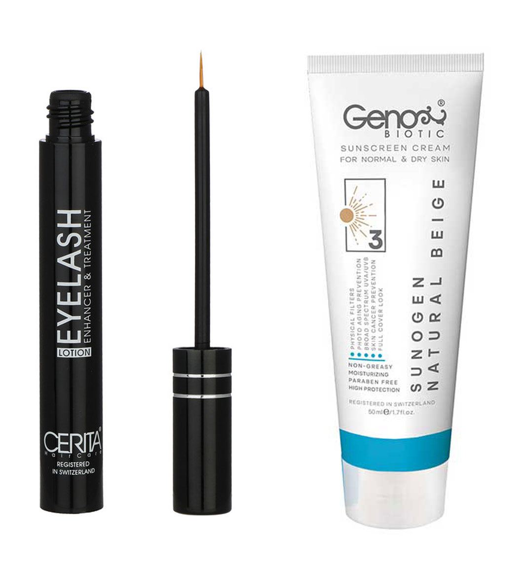 پک محلول تقویت کننده مژه سریتا و ضد آفتاب رنگی مناسب پوست خشک SPF50 رنگ بژ طبیعی