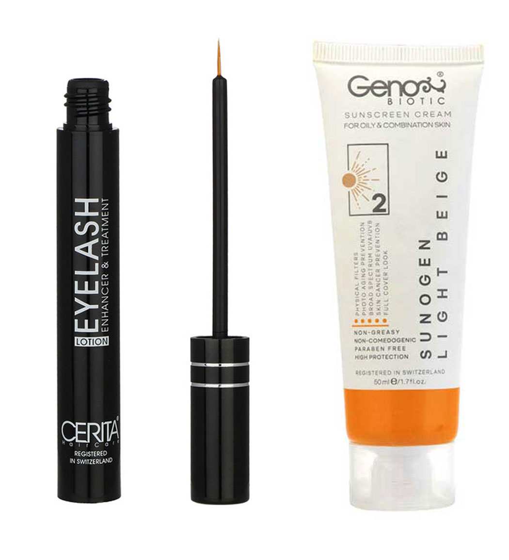 پک محلول تقویت کننده مژه سریتا و ضد آفتاب رنگی مناسب پوست چرب و مختلط SPF50 رنگ بژ روشن